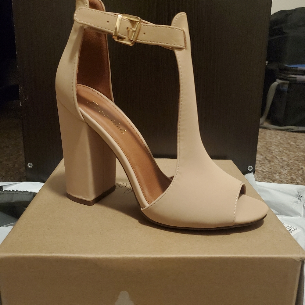 Nude Ankle Strap Block Heels